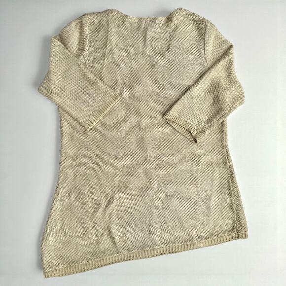 CHICO’S Heidi Knit Sweater Khaki 3/4 Sleeve Asymmetrical Silver Gold Size 1 M 8 - Picture 5 of 7